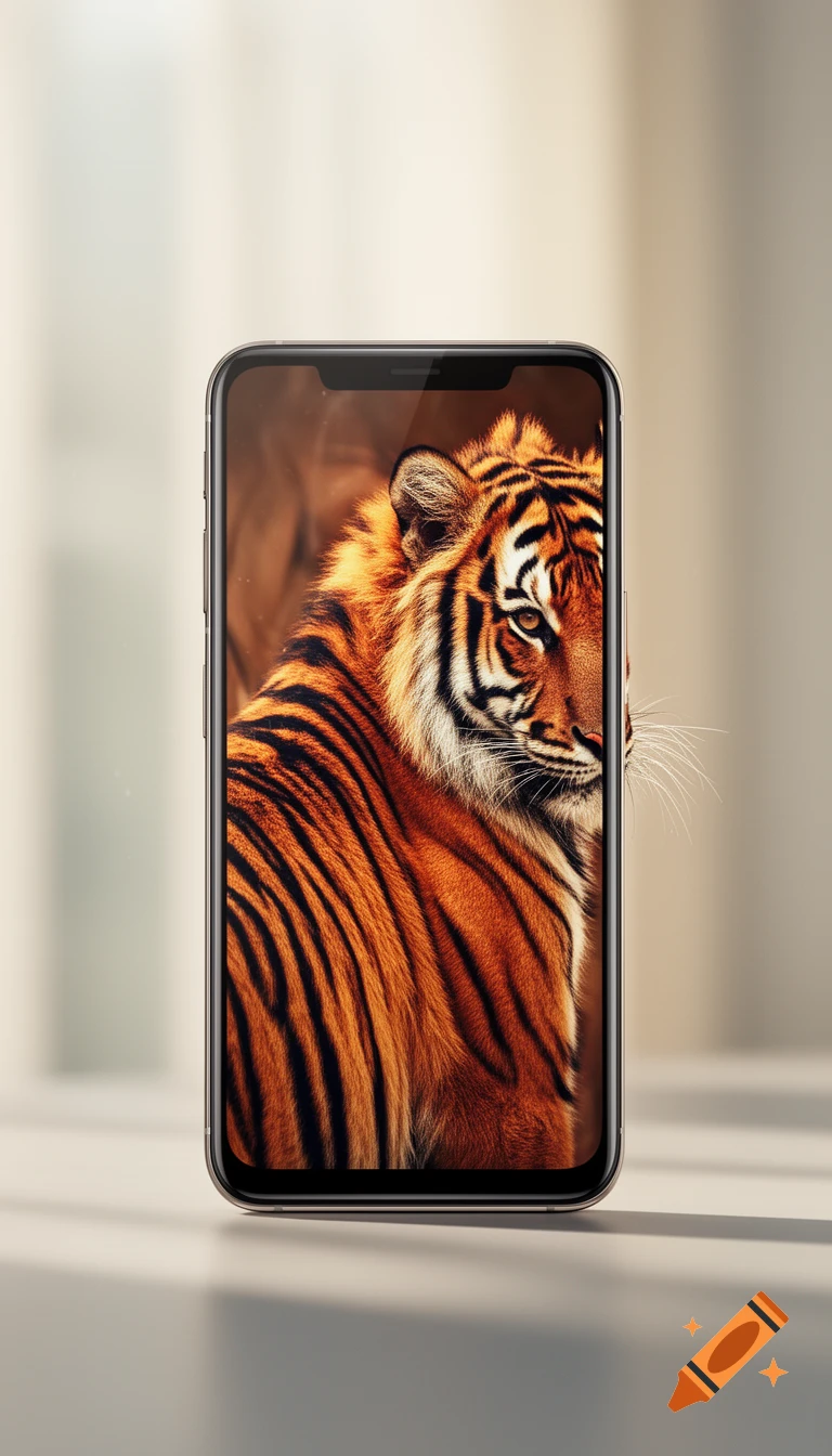 A photorealistic tiger's face and striped body displayed on a standing smartphone screen, with a minimalist background.