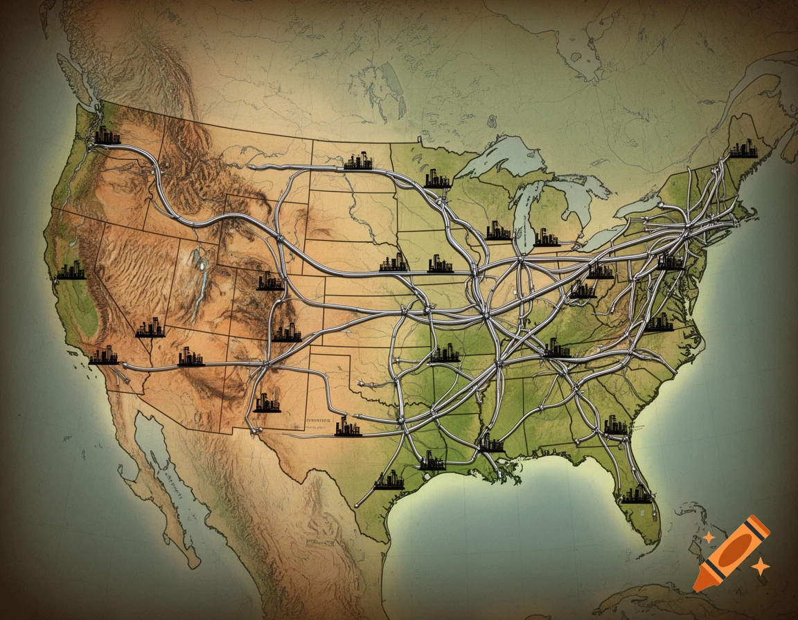 A vintage-style map of the United States featuring a dense network of metallic pipelines connecting numerous factory and refinery icons across the landscape.
