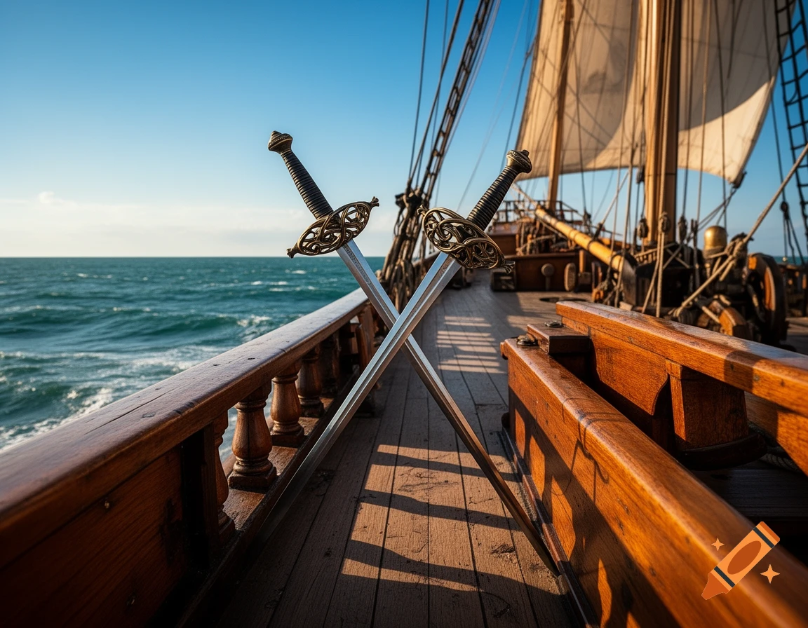 Two ornate swords crossed on the wooden rail of a historical brigantine ship sailing on a blue sea.