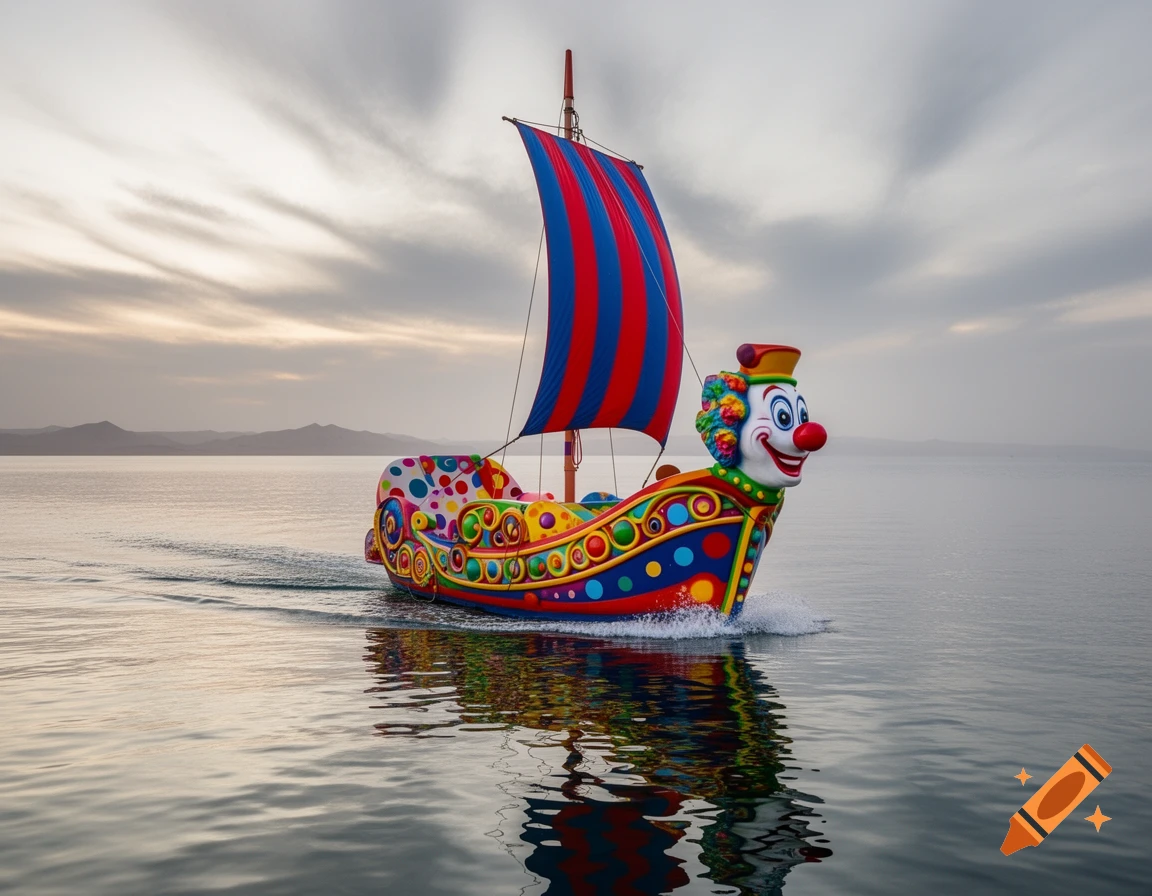 A brightly colored clown boat with a red and blue striped sail cruises on calm water under a cloudy sky.
