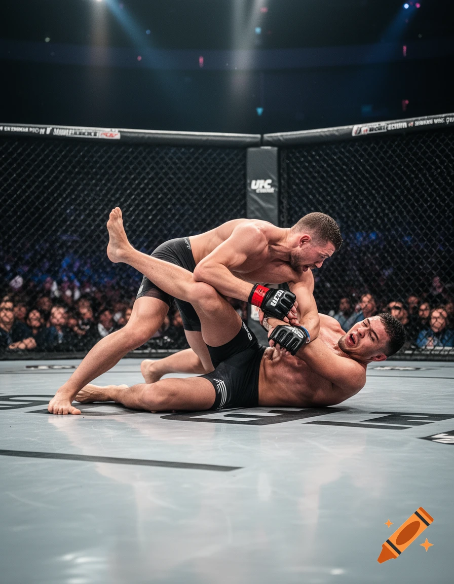 Two male MMA fighters grapple on the mat in an octagon during a match, a crowd visible in the background, photorealistic style.