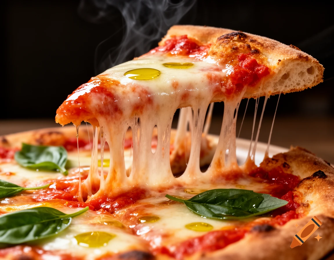 Steaming hot pizza slice with stretchy melted mozzarella, rich tomato sauce, fresh basil, and a crispy crust.