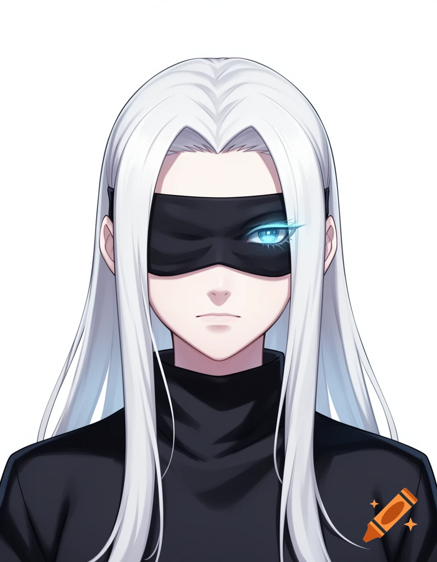 Anime portrait of a female character with long white hair, a black blindfold, and one glowing blue eye, on a white background.