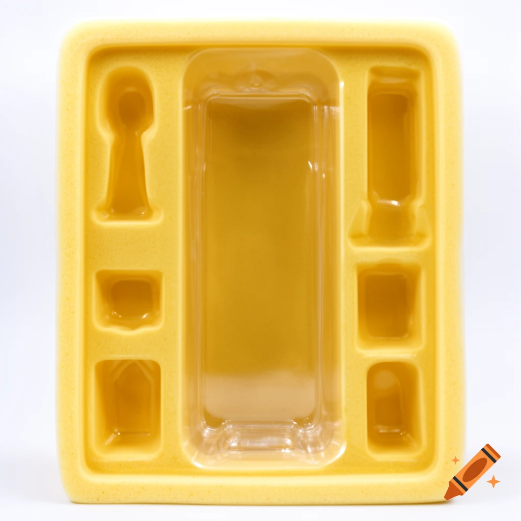 A yellow foam packaging insert with empty clear plastic compartments for an action figure and accessories on a white background.