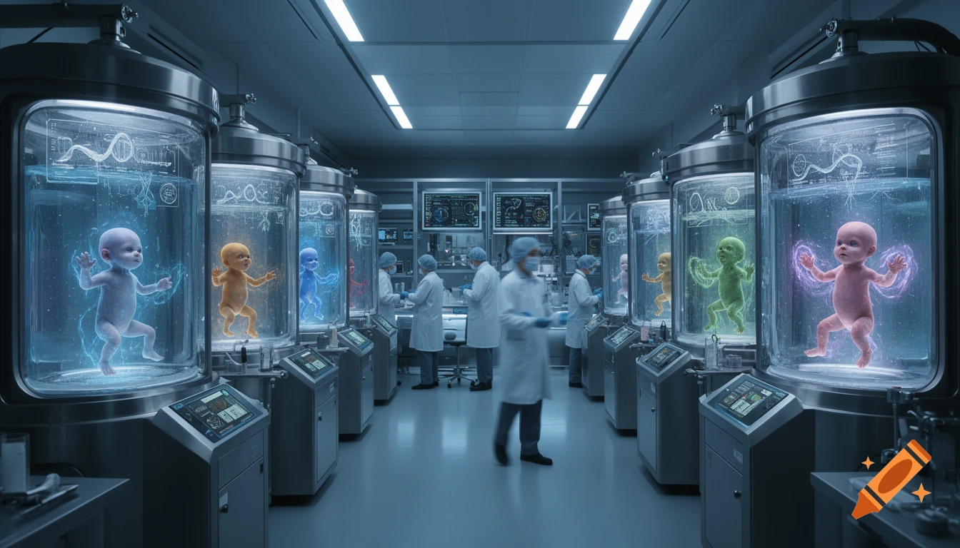 Photorealistic image of a futuristic lab with scientists and multiple glowing, colorful babies in large incubation chambers.