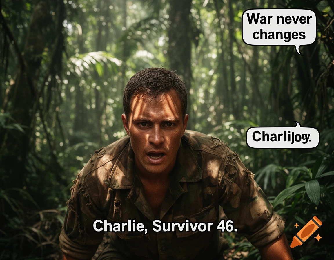 A distressed man in a torn military uniform in a jungle, with meme text bubbles about war and 'Charlie, Survivor 46'.