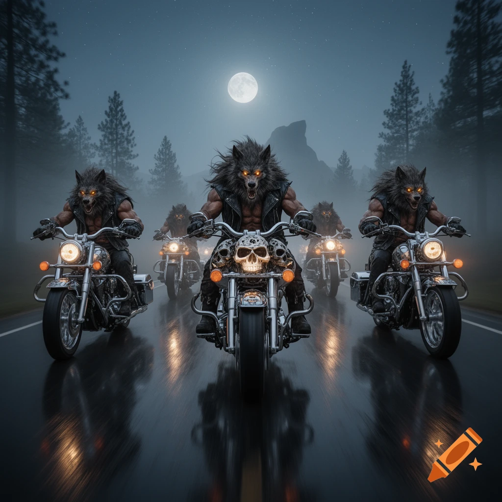 A pack of snarling werewolves in leather vests ride motorcycles down a wet road under a full moon at night, photorealistic.