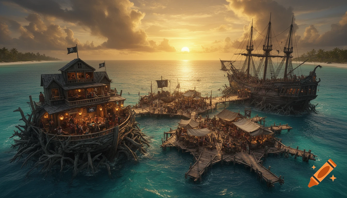Aerial view of a bustling floating pirate settlement at sunset, with a tavern, marketplace, and ships on turquoise Caribbean water.