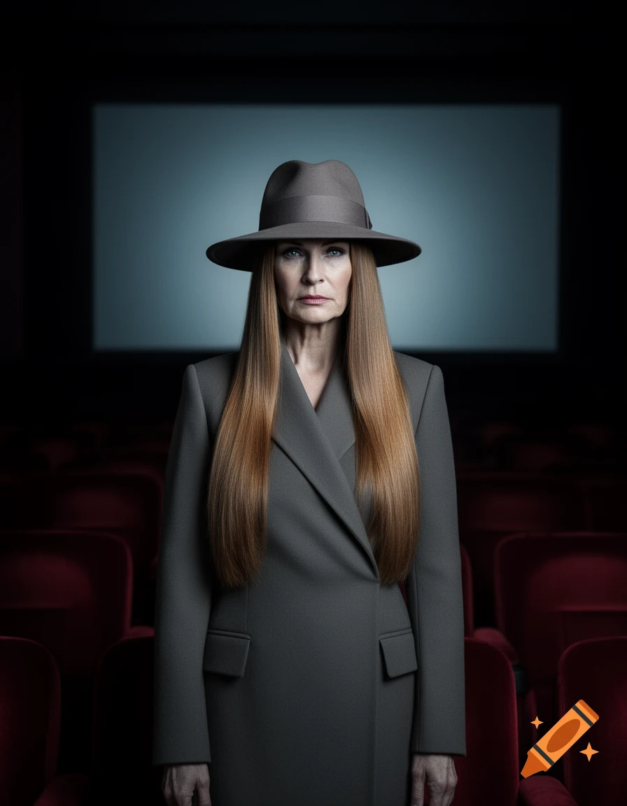 A woman in a gray coat and hat with long hair and an icy stare stands in a dark movie theater with red seats.