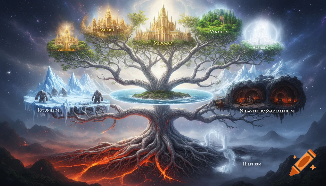 A vibrant cosmic tree Yggdrasil with nine realms, including golden castles, icy mountains, forests, caves, and glowing roots amidst stars.