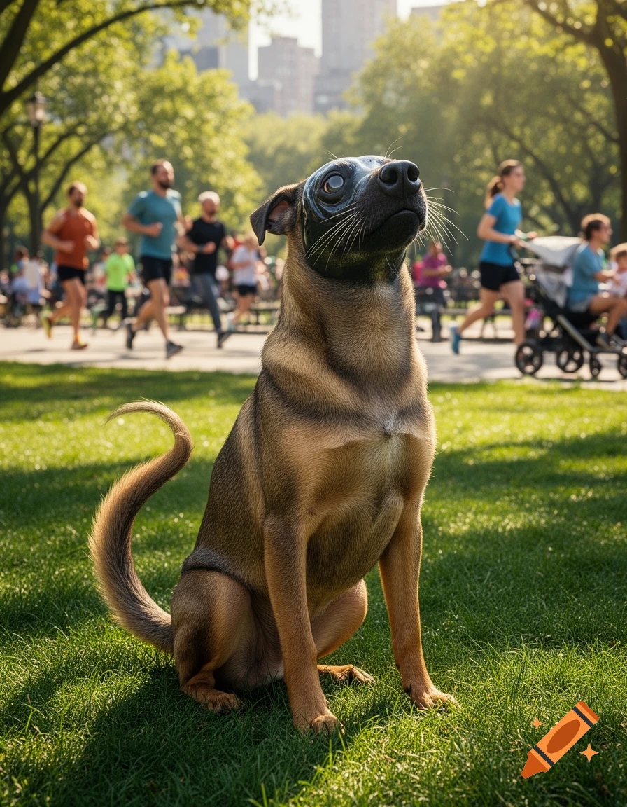 A brown dog with dark, smooth sea lion features on its face sits on green grass, looking up in a sunny park with blurry people jogging.