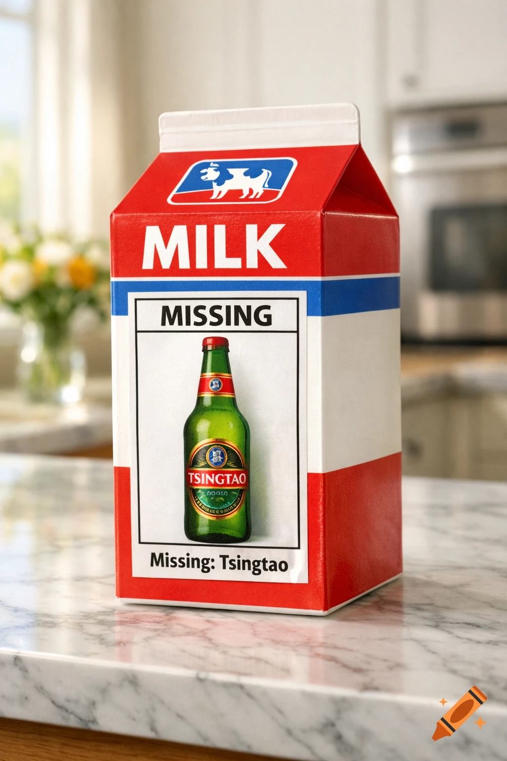 A milk carton on a marble countertop reads "MILK" and features a "MISSING" notice with an image of a Tsingtao beer bottle. Below the bottle, it says "Missing: Tsingtao".