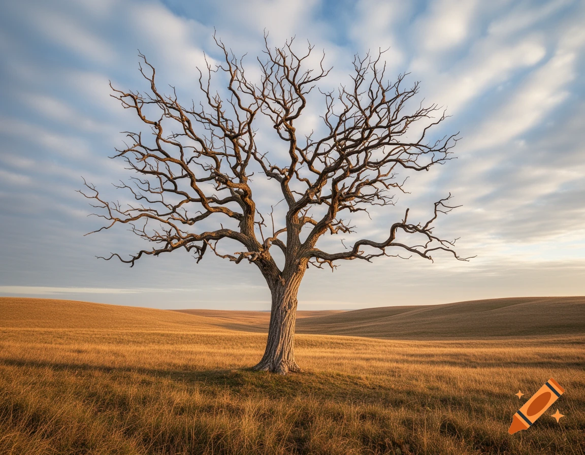 A leafless tree stands alone in a golden field under a dramatic cloudy sky at sunset.