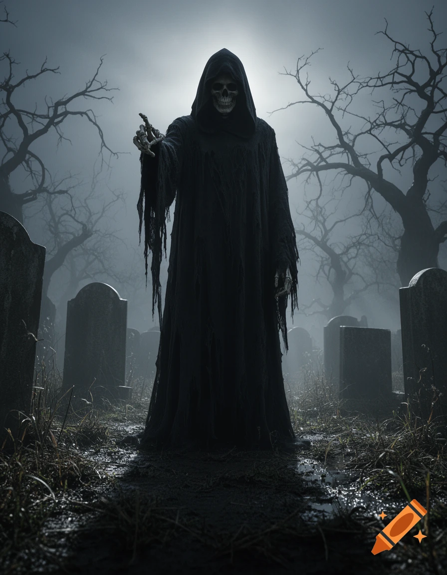 A menacing grim reaper in a dark robe stands in a misty graveyard with bare trees and gravestones, pointing a skeletal hand.