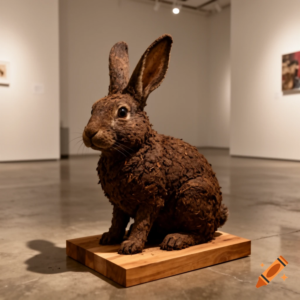 A brown rabbit sculpture, made of textured earthy material, sits on a wooden base in an art gallery.