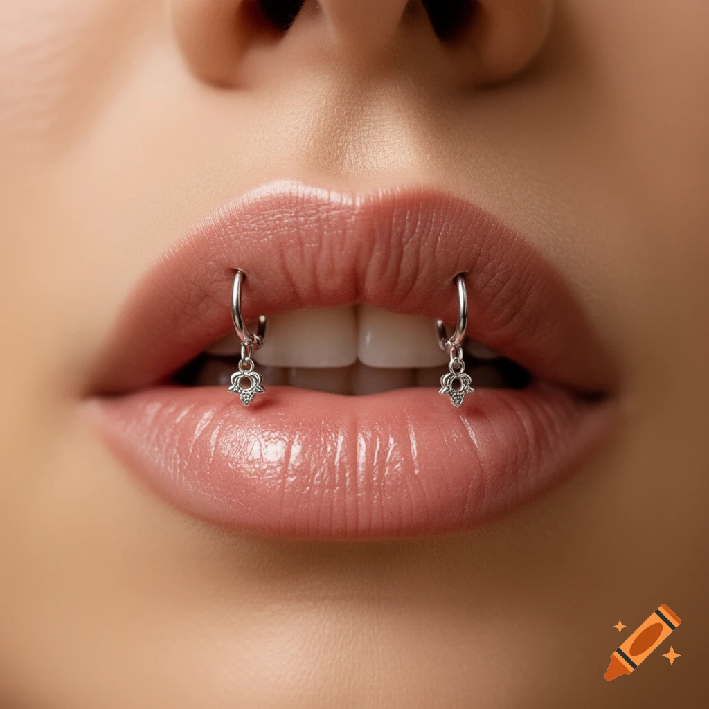 Close-up of a person's lips with two 'Angel Fangs' piercings, featuring silver hoop rings with decorative charms.