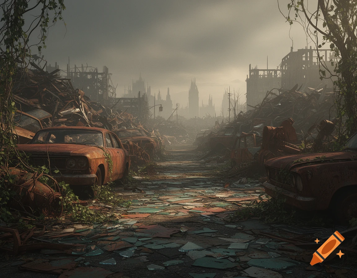 A desolate, post-apocalyptic urban landscape with rusted, abandoned cars, overgrown with vines, and ruined buildings under a grey sky.