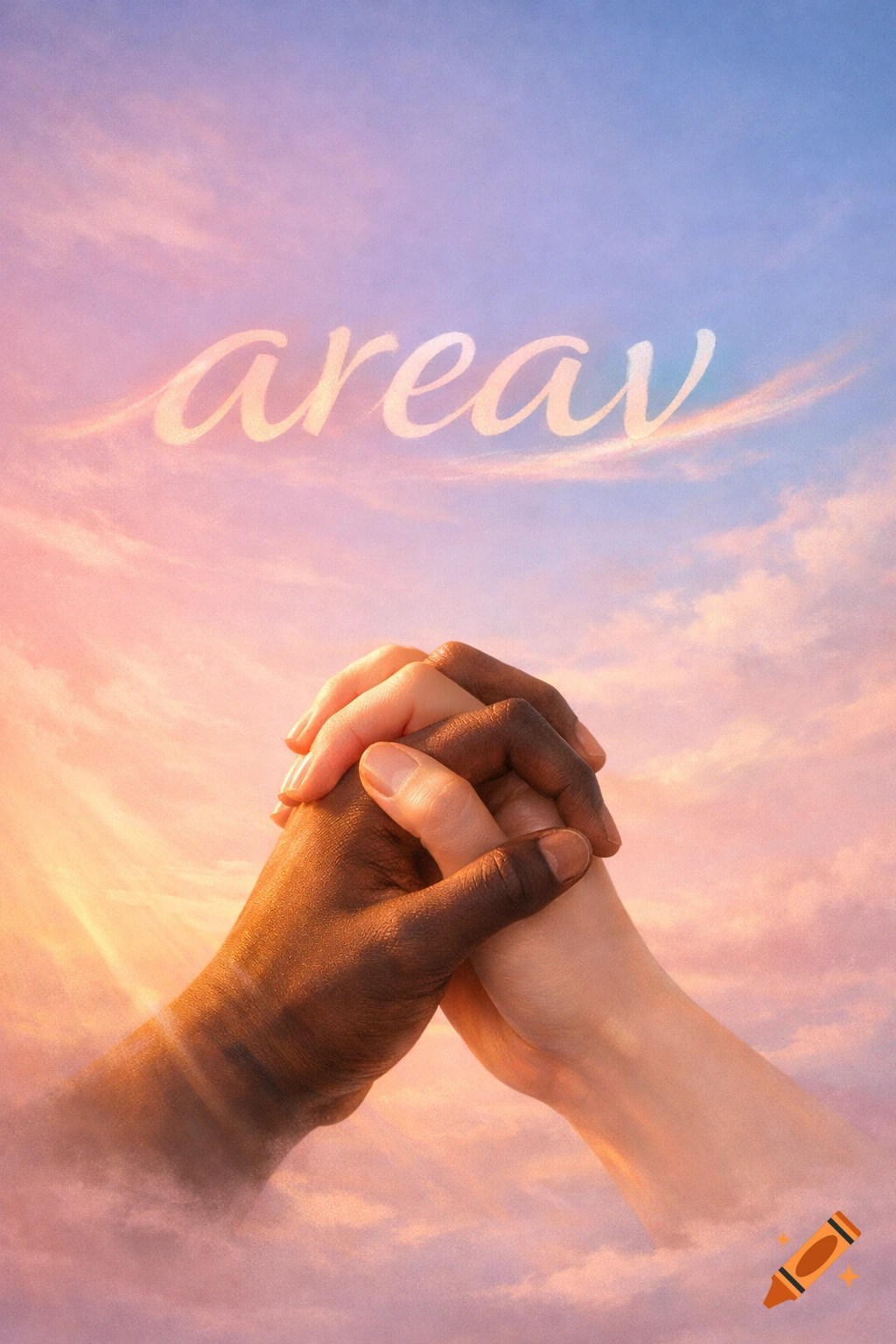 Two hands, one dark-skinned and one light-skinned, clasped together amidst soft pink and blue clouds, with the word 'areav' above.