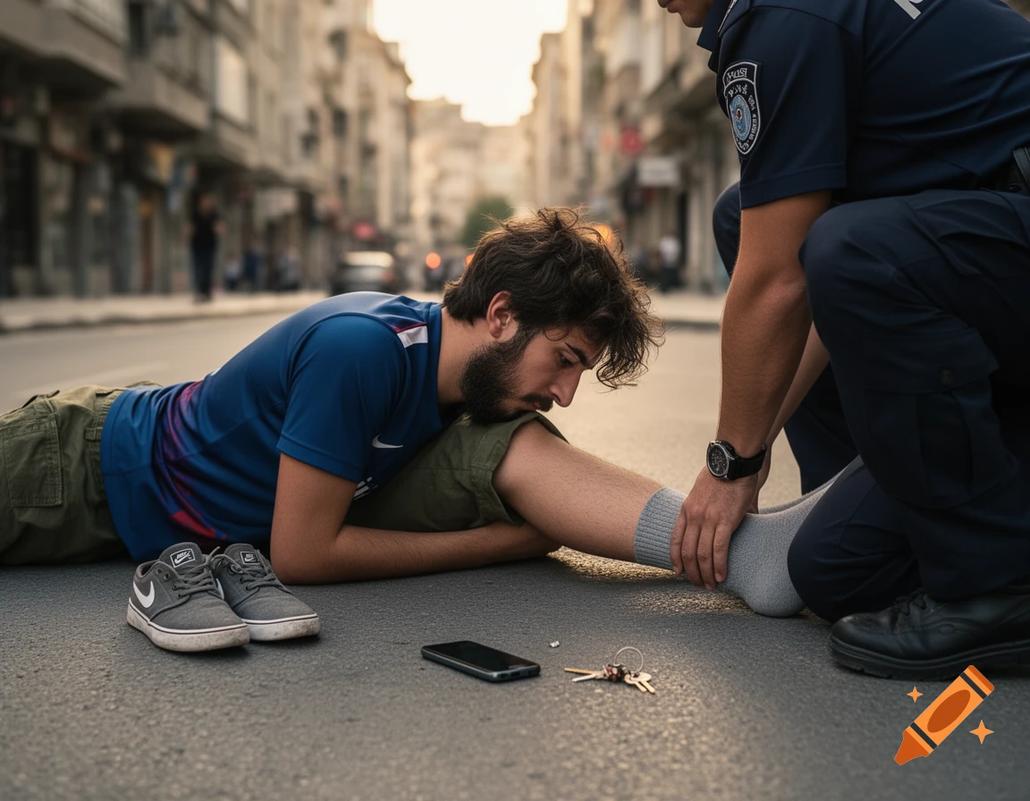 A police officer tends to a young man lying on the ground on a city street, with his shoes, phone, and keys beside him. Photorealistic.