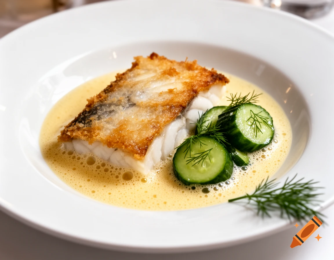 Crispy fried cod fillet in mustard foam sauce with sliced cucumbers and dill on a white plate.