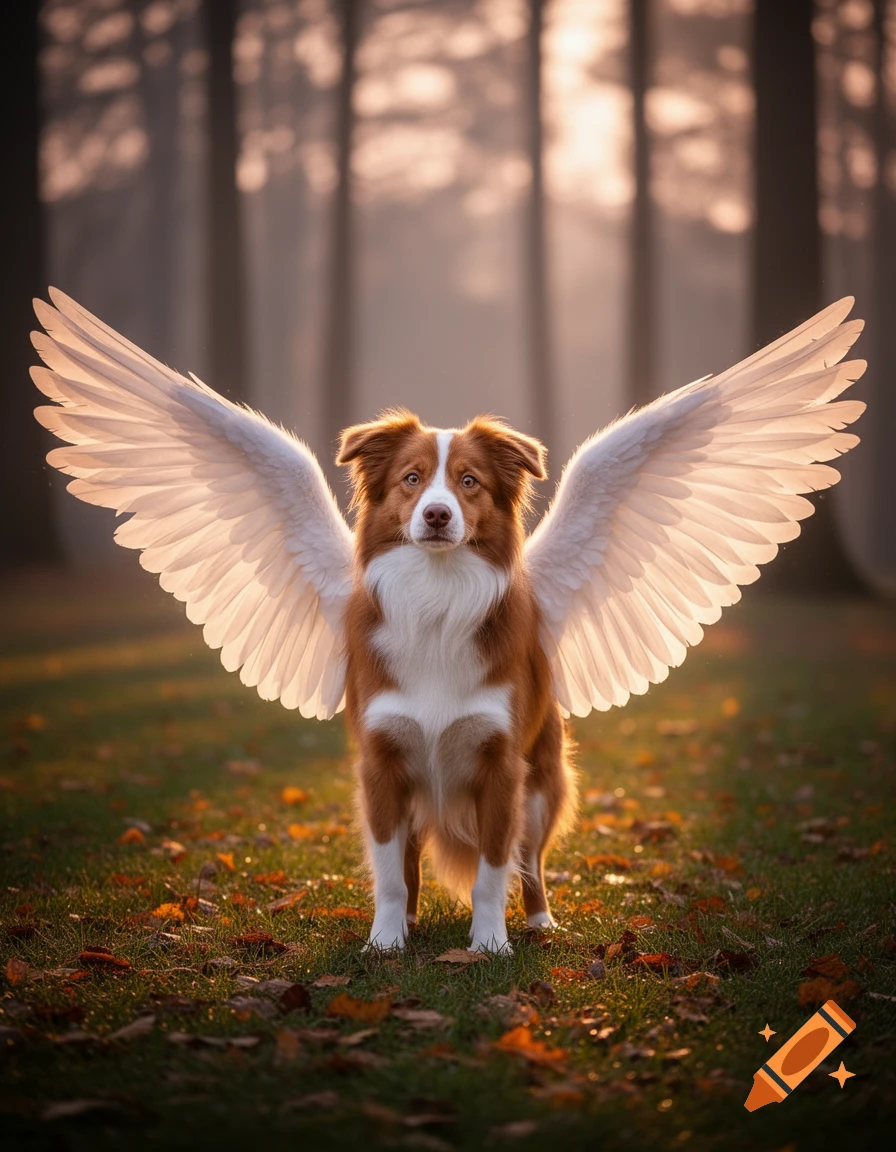 A photorealistic brown and white dog with large angel wings stands in a ...