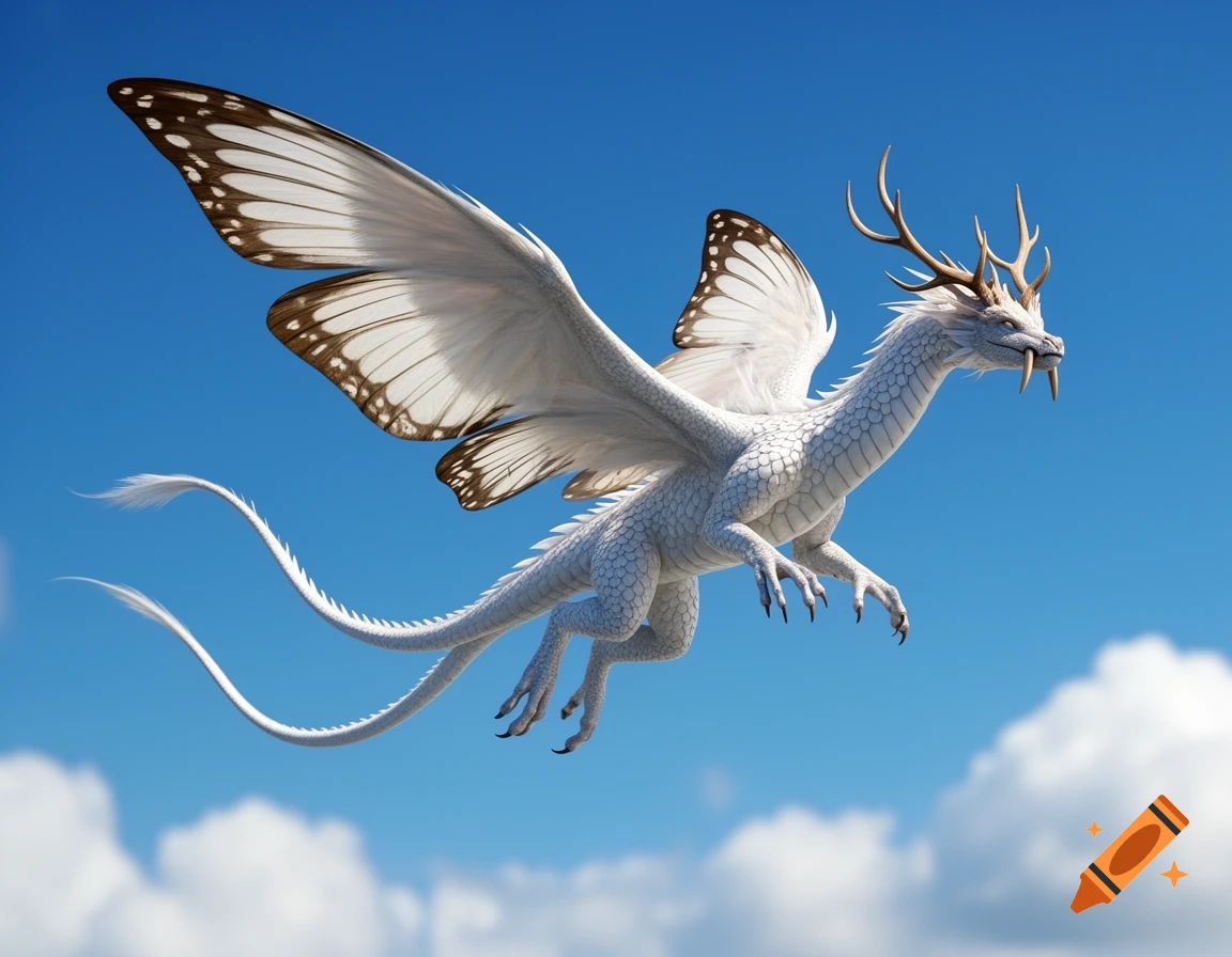 A majestic white dragon with large butterfly-like wings and antlers flies gracefully in a clear blue sky with fluffy clouds.