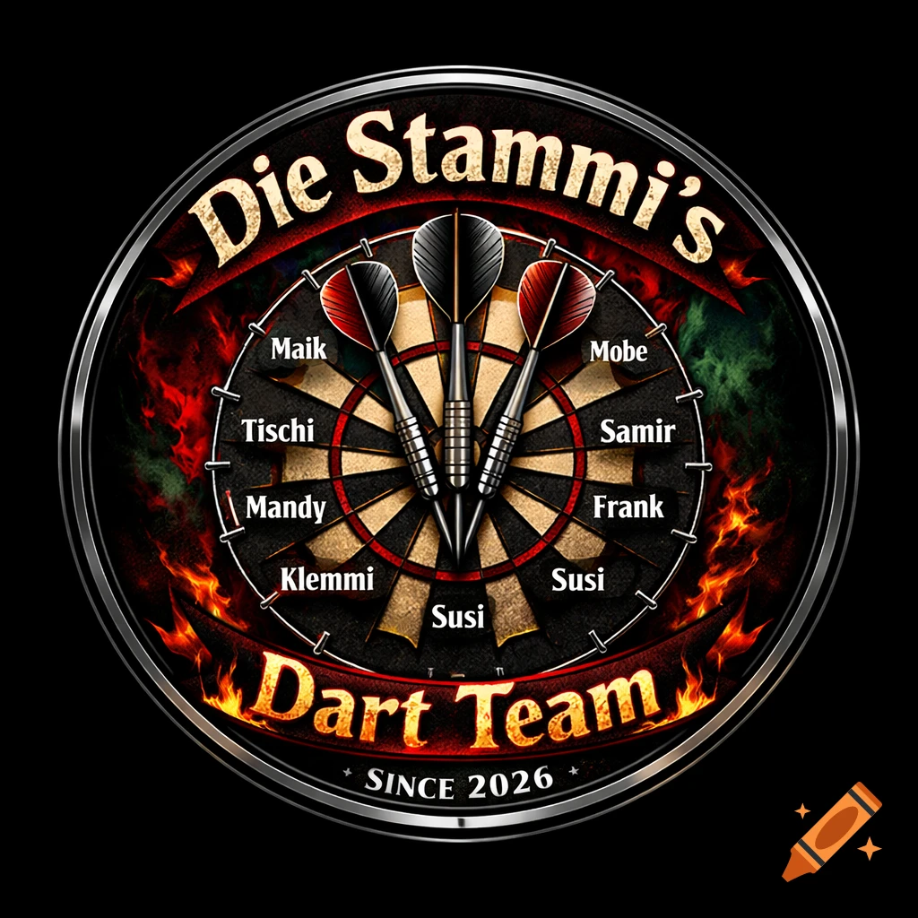 A circular dark dart team logo with "Die Stammi's Dart Team Since 2026" and player names around a dartboard with three darts.