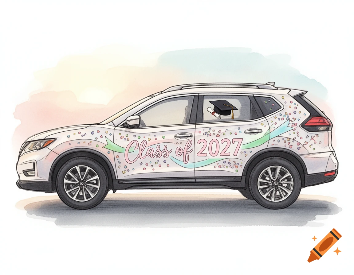 Watercolor illustration of a white Nissan Rogue decorated with 'Class of 2027' text, ribbons, confetti, and a graduation cap.