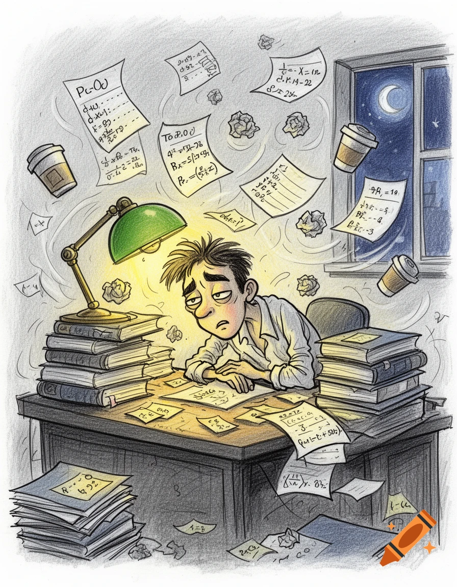 Sleep-deprived cartoon student studies late at night at a desk piled with books, papers, and coffee cups, under a green lamp.
