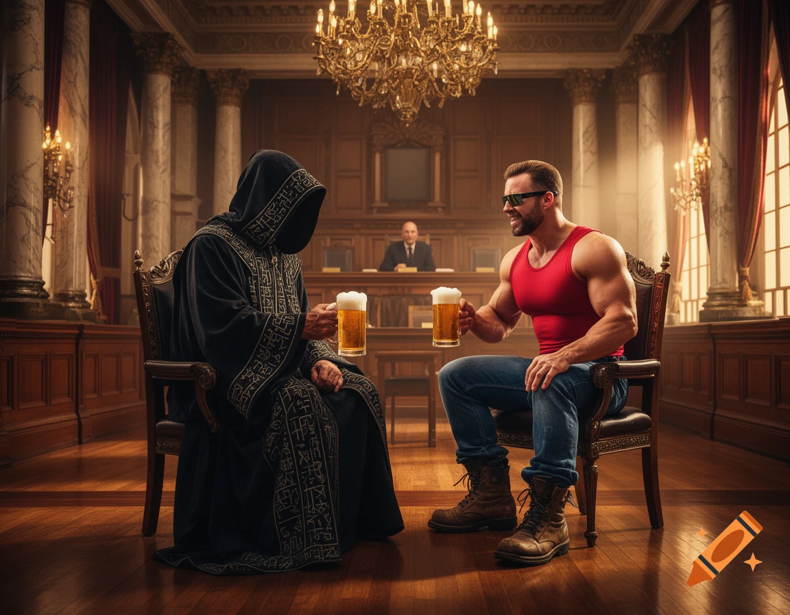 A muscular man in a red tank top and sunglasses clinks beer mugs with a hooded figure in a patterned black robe inside a grand courtroom, with a judge in the background.