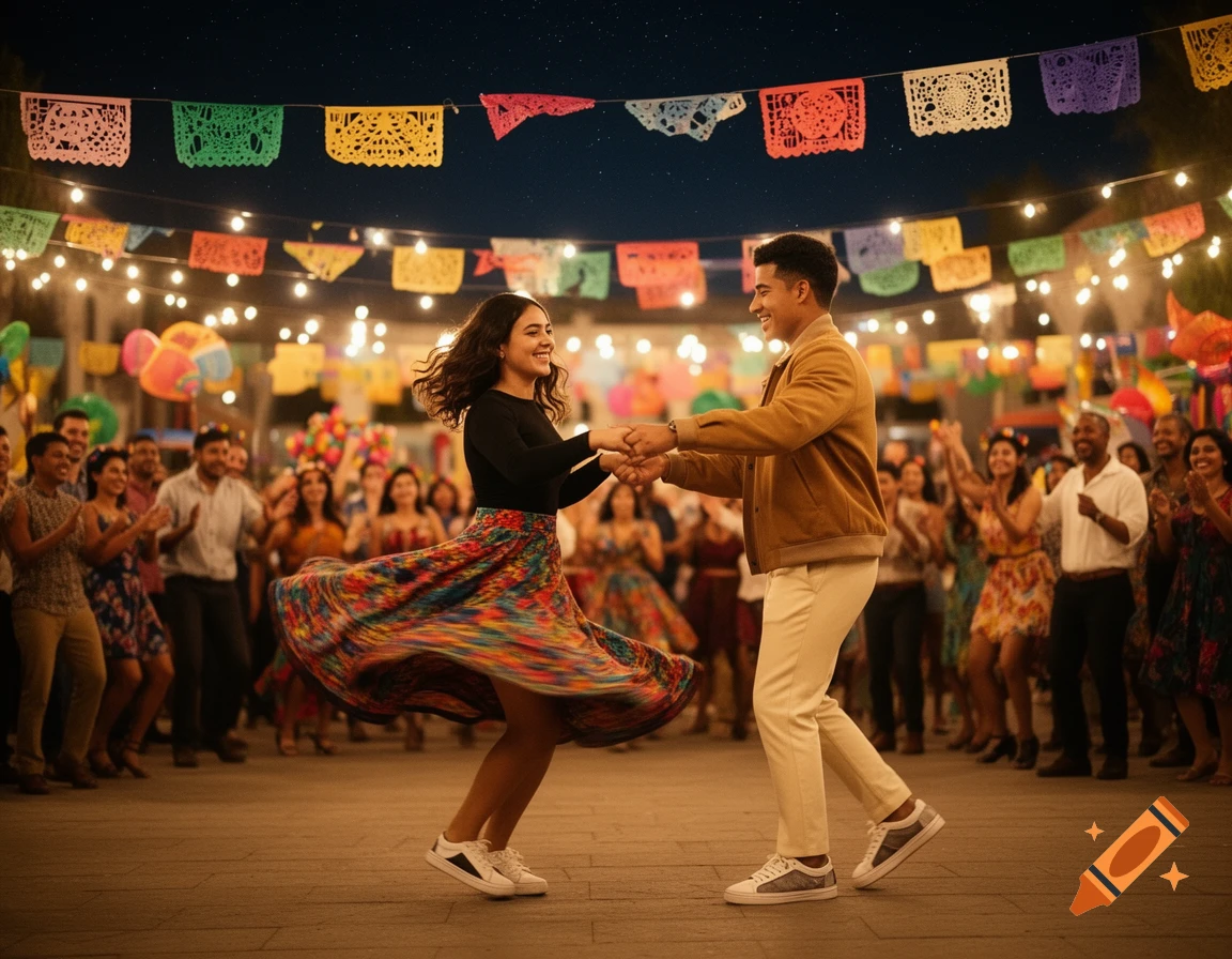 A young couple dances Cumbia at a lively Latin fiesta at night, surrounded by a celebrating crowd, colorful papel picado, and string lights in a realistic photo.