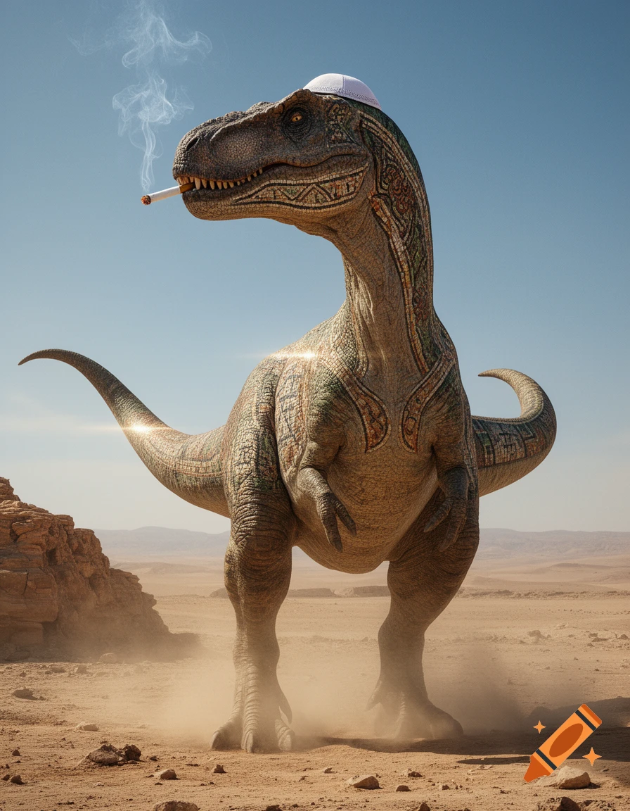 A photorealistic dinosaur, with patterned, mosaic-like skin, wears a white yarmulke and smokes a cigarette in a dusty desert landscape.