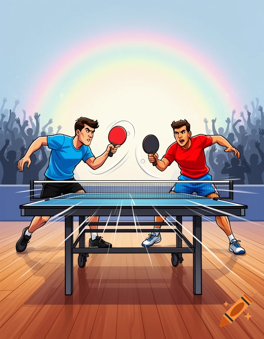 Cartoon illustration of two men intensely playing table tennis in a stadium, with a cheering crowd and a rainbow in the background.