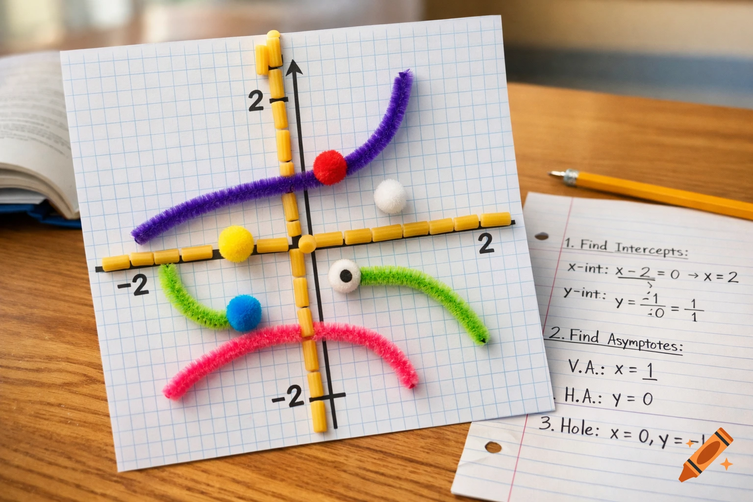 A colorful college algebra project showing a rational function graph made with pasta, pipe cleaners, and pom-poms on graph paper, with a separate sheet of paper displaying related equations and calculations.