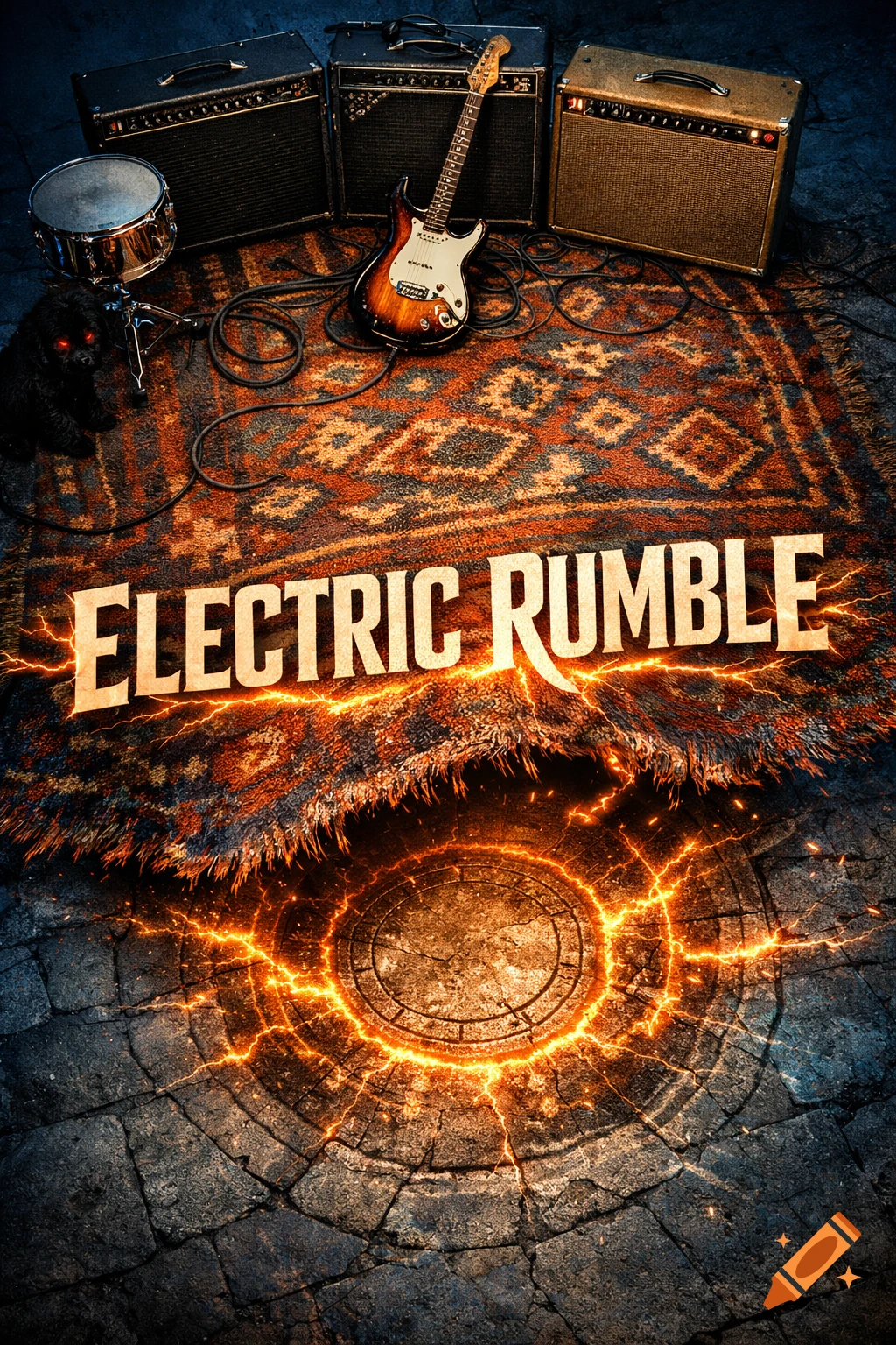 Overhead view of a rock band setup on a Moroccan rug, glowing with electric energy and 'ELECTRIC RUMBLE' text over a stone ground.