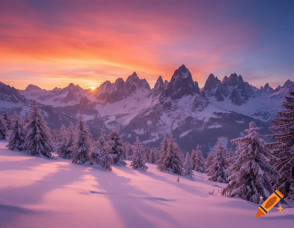 Photorealistic winter mountain landscape at sunset with snow-covered pine trees and a vibrant orange and pink sky.