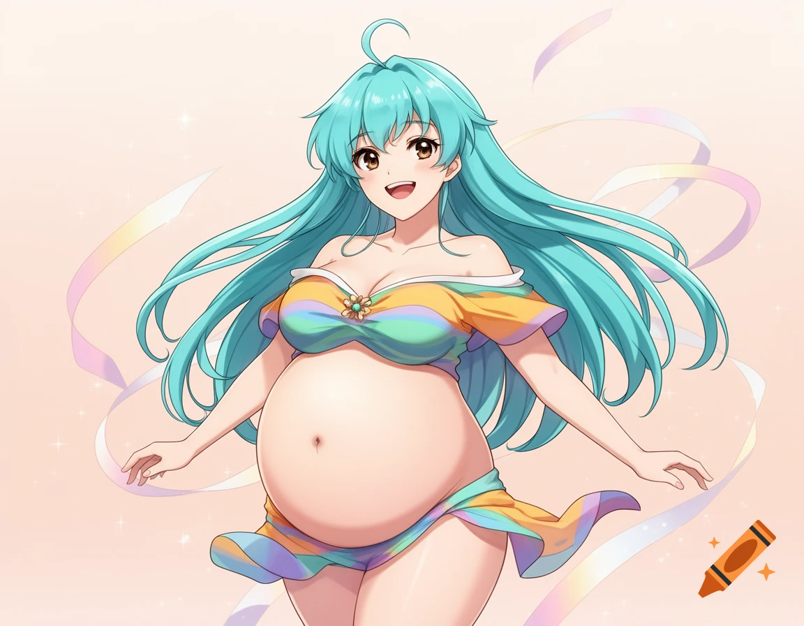 Smiling anime pregnant woman with teal hair, wearing a colorful off-shoulder swimsuit against a light background with ribbons.