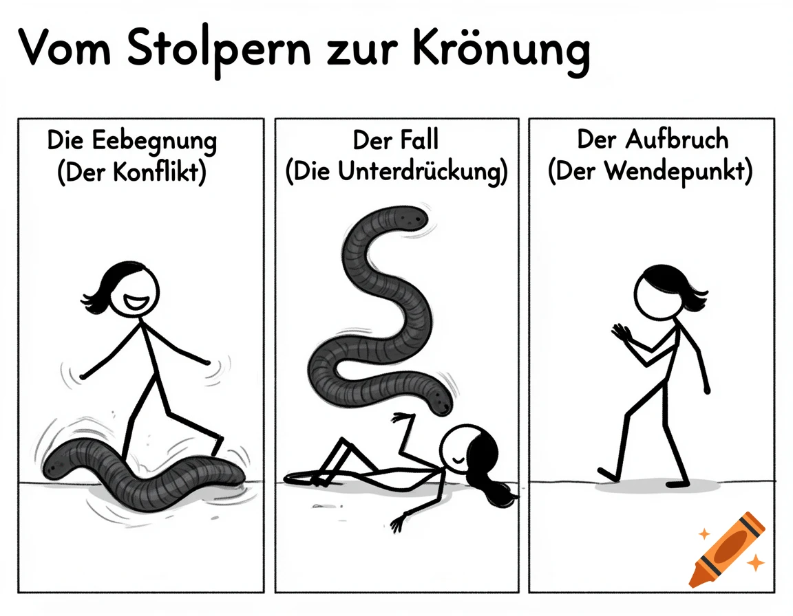 A three-panel stick figure comic shows a person tripping over a worm, then lying under it, and finally walking away.