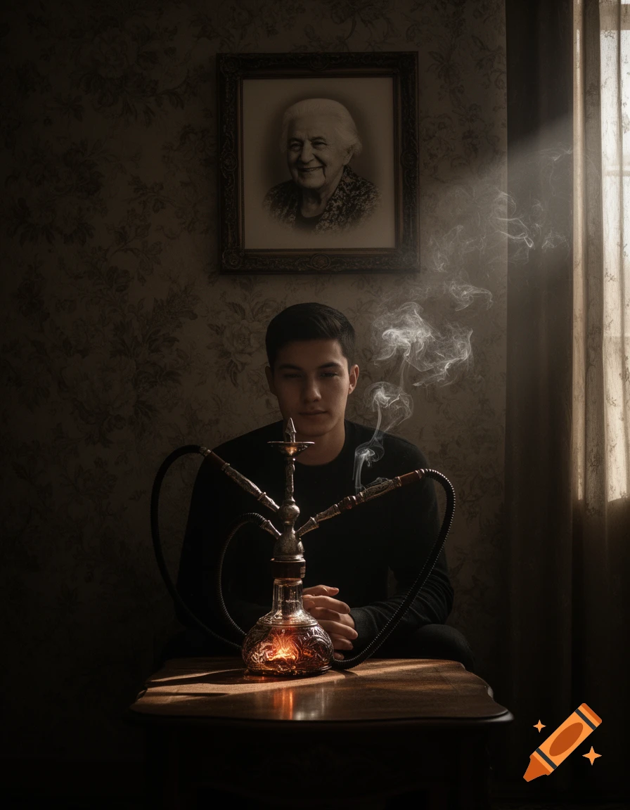 Young man sits with a lit hookah, smoke rising, under a framed portrait of an elderly woman in a dimly lit, moody room.