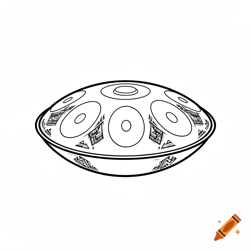 Black and white line art drawing of a handpan in an ethno style.