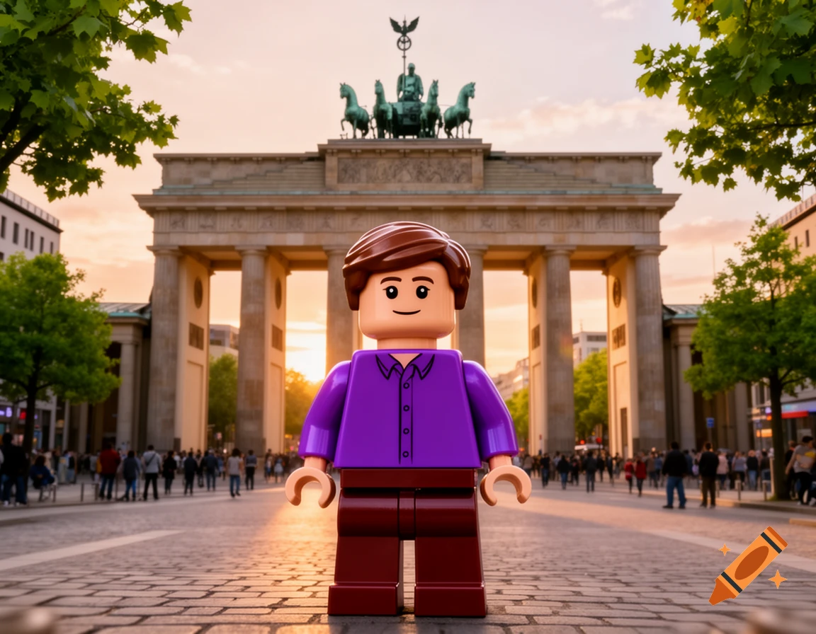A Lego figure with a purple shirt and brown hair stands on a cobblestone street in front of the Brandenburg Gate at sunset.