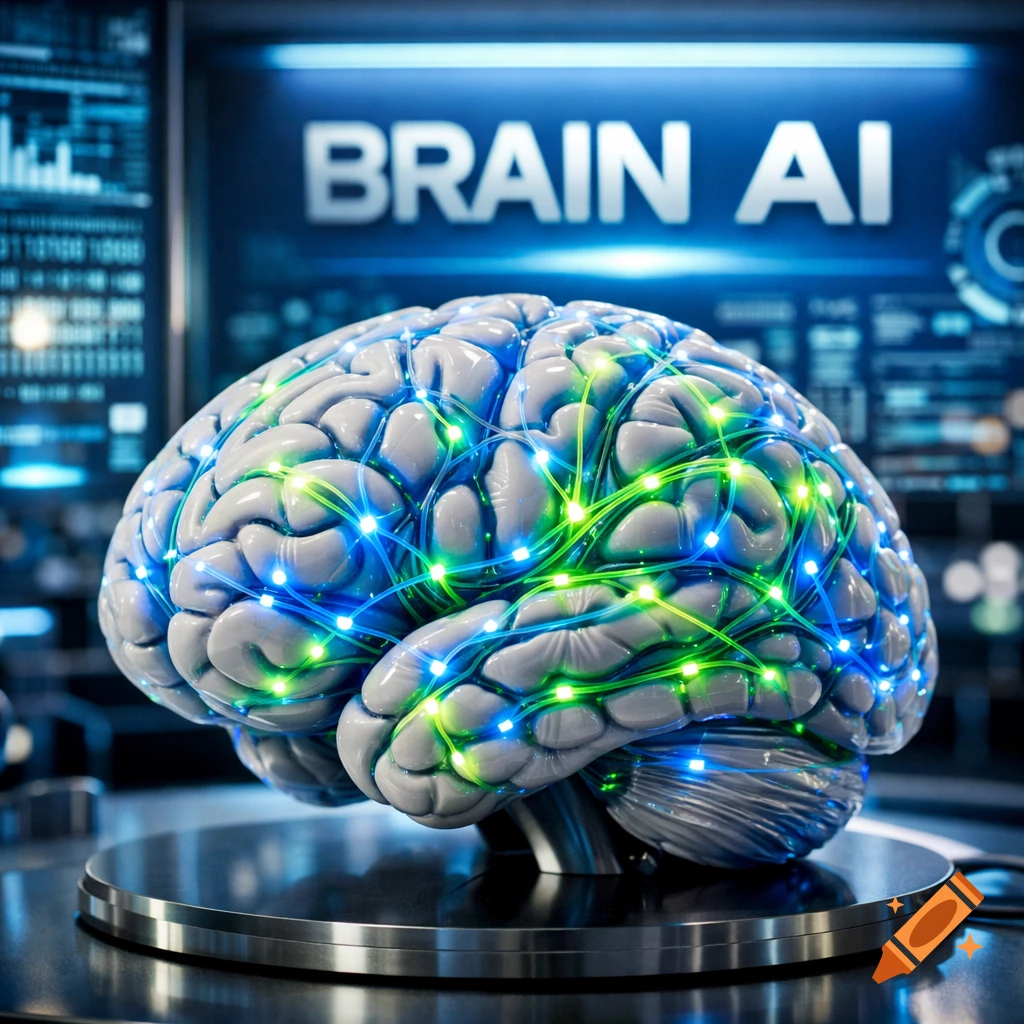 A stylized brain with glowing blue and green connections on a metal stand, with 'BRAIN AI' text on a futuristic screen.