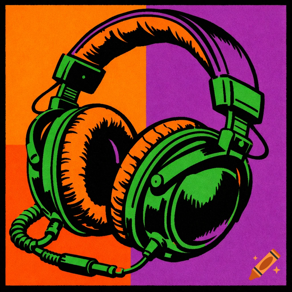 Pop art illustration of green headphones with orange earcups on a vivid orange and purple background.