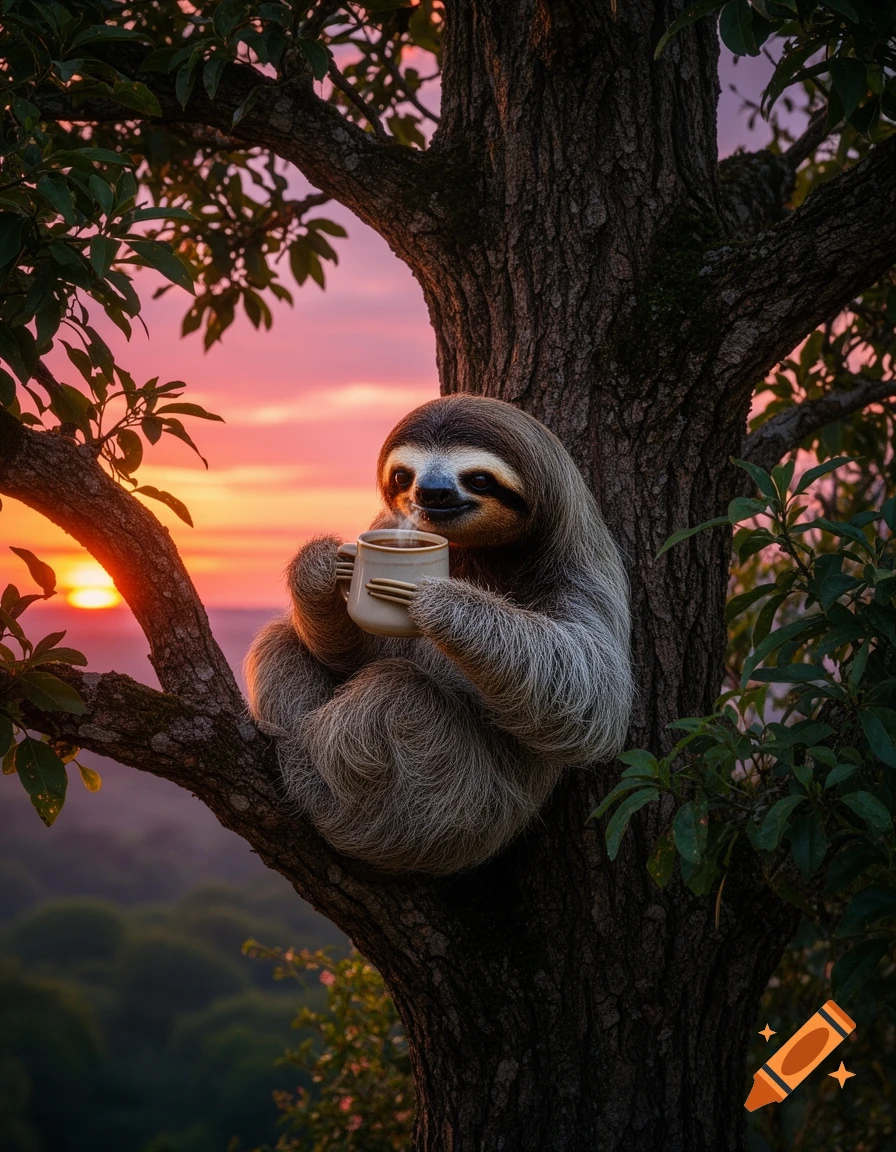 A photorealistic sloth sits in a tall tree, drinking coffee from a mug against a vibrant orange and pink sunset sky.