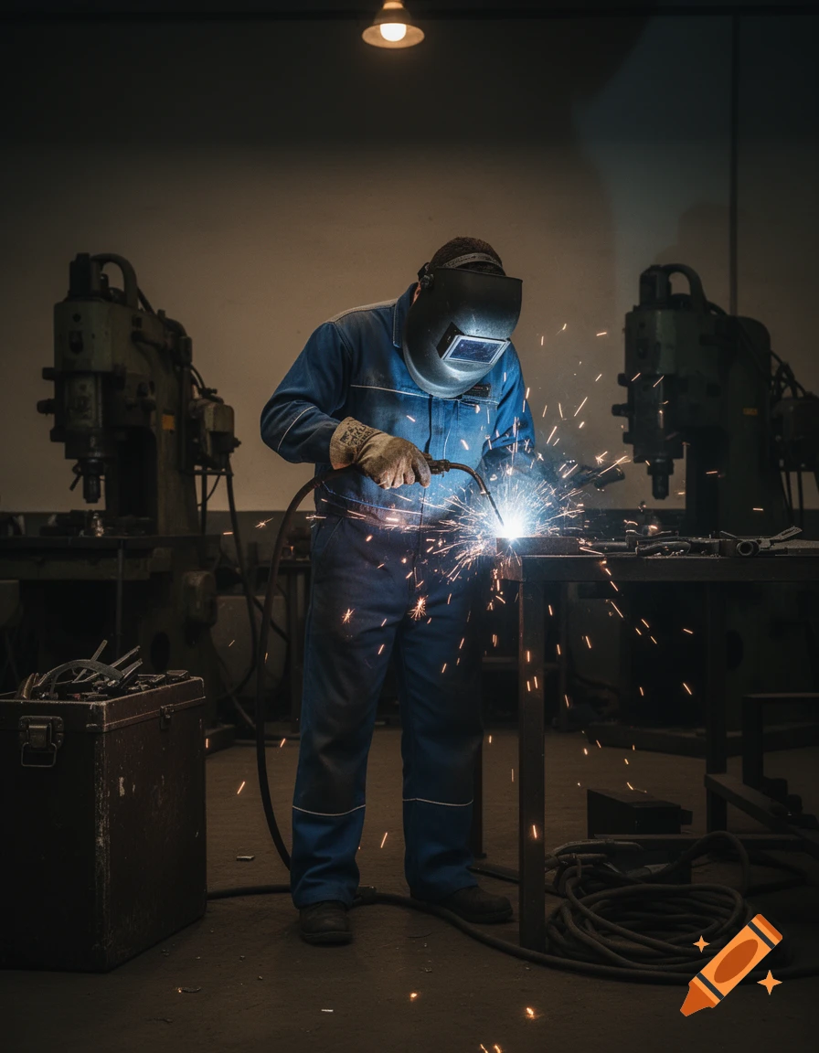 A welder in a blue jumpsuit and safety mask is working in a dimly lit workshop, generating bright sparks.