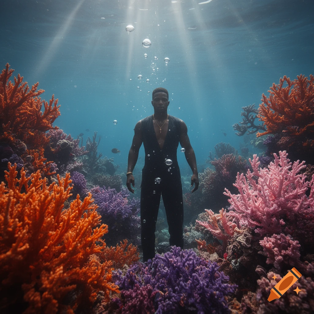 A man in a black vest and pants stands underwater amidst vibrant orange, purple, and pink corals, with sunlight rays and air bubbles from above.