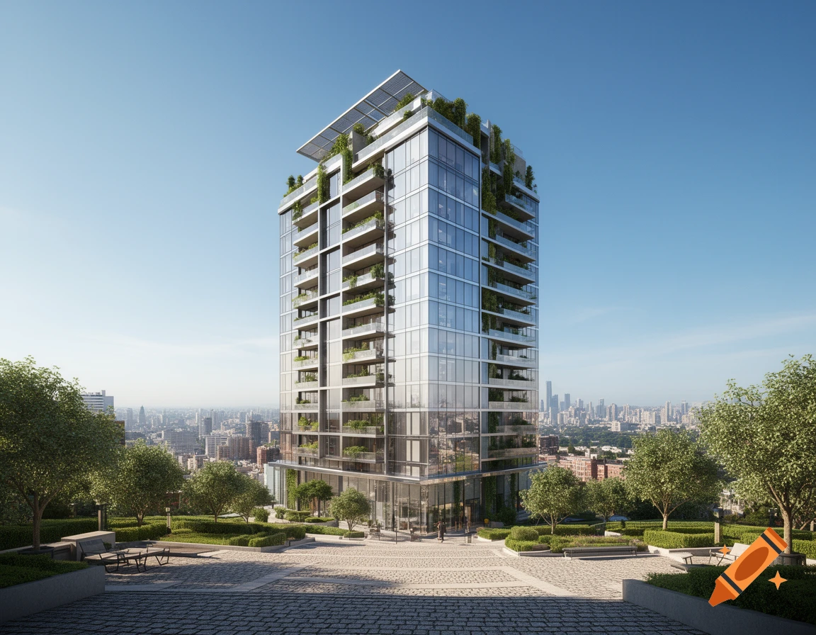 A photorealistic modern glass high-rise building with green balconies and solar panels, in a park overlooking a city skyline.