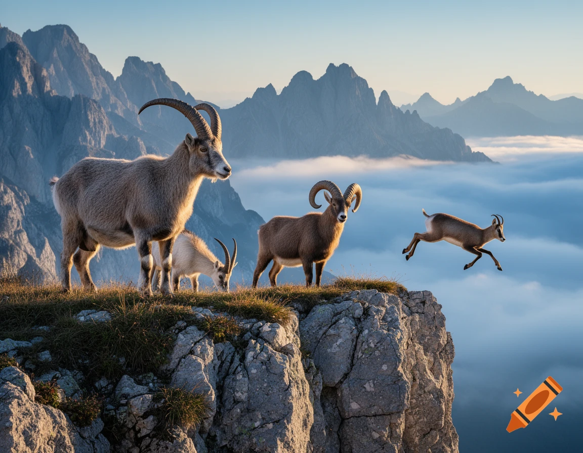 Photorealistic image of mountain goats on a rocky cliff overlooking a ...