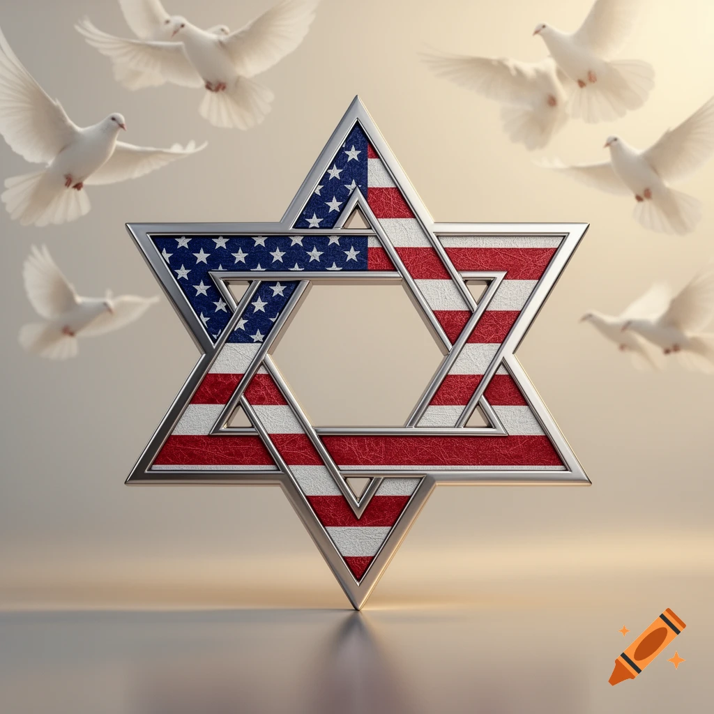 A metallic Star of David emblem features the American flag pattern against a light background with flying white doves.