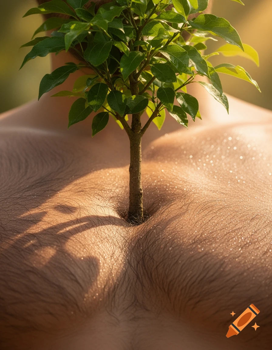 A small, vibrant green tree growing directly from the center of a hairy, dewy human chest under warm sunlight, photorealistic.